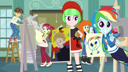 Size: 1920x1080 | Tagged: safe, imported from derpibooru, screencap, drama letter, golden hazel, rainbow dash, rose heart, watermelody, wiz kid, a queen of clubs, equestria girls, equestria girls series, background human, beret, care root, clothes, converse, cute, dashabetes, drawing, geode of super speed, hat, magical geodes, peace sign, photobomb, shoes