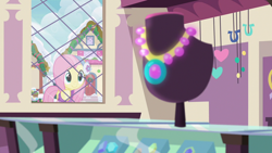 Size: 1280x720 | Tagged: safe, imported from derpibooru, screencap, fluttershy, pegasus, pony, best gift ever, clothes, earmuffs, female, jewelry, mare, necklace, solo, sweater, window