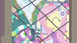 Size: 1280x720 | Tagged: safe, imported from derpibooru, screencap, fluttershy, spike, dragon, pegasus, pony, best gift ever, clothes, cute, duo, earmuffs, eyes closed, female, hat, male, mare, scarf, shyabetes, snow, window