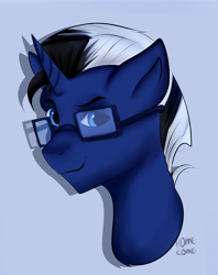 Size: 2294x2894 | Tagged: safe, artist:homecome, artist:sinigam41, imported from derpibooru, oc, oc only, oc:shabaco, pony, unicorn, bust, glasses, looking at you, male, simple background, solo