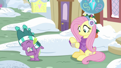 Size: 1280x720 | Tagged: safe, imported from derpibooru, screencap, fluttershy, spike, dragon, pegasus, pony, best gift ever, clothes, duo, earmuffs, eyes closed, female, hat, male, mare, scarf, snow, sweater, winter