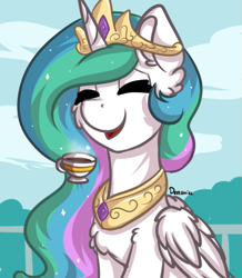 Size: 601x690 | Tagged: safe, artist:deraniel, imported from derpibooru, princess celestia, alicorn, pony, chest fluff, cup, cute, cutelestia, ear fluff, eyes closed, female, food, jewelry, mare, regalia, smiling, solo, tea, teacup