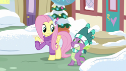 Size: 1280x720 | Tagged: safe, imported from derpibooru, screencap, fluttershy, spike, dragon, pegasus, pony, best gift ever, clothes, duo, earmuffs, female, hat, male, mare, scarf, snow, sweater, winter