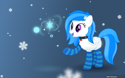 Size: 3646x2292 | Tagged: safe, artist:potato22, imported from derpibooru, oc, oc only, oc:winter white, pony, blurry, clothes, collar, gradient background, magic, magic but no horns, snow, socks, solo, striped socks