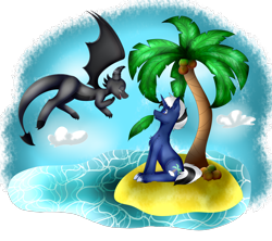 Size: 3600x3200 | Tagged: safe, artist:rayannecuervo, imported from derpibooru, oc, oc:shabaco, oc:yui, dragon, pony, unicorn, beach, coconut tree, flying, happy, leaf, palm tree, sitting, tree, water