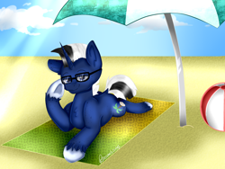 Size: 1600x1200 | Tagged: safe, artist:rayannecuervo, imported from derpibooru, oc, oc:shabaco, ball, beach, glasses, looking at you, pose, sand, sun, umbrella