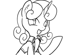 Size: 2631x1860 | Tagged: safe, artist:ladycookie, imported from derpibooru, oc, oc only, unnamed oc, pony, unicorn, black and white, clothes, curly mane, grayscale, hooves, horn, jacket, lineart, looking at you, monochrome, not sweetie belle, open mouth, raised hoof, simple background, smiling, white background