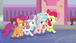 Size: 1280x720 | Tagged: safe, imported from derpibooru, screencap, apple bloom, cozy glow, scootaloo, sweetie belle, earth pony, pegasus, pony, unicorn, school raze, cutie mark crusaders, female, filly, foal, group, quartet, walking