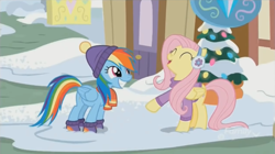 Size: 1350x757 | Tagged: safe, imported from derpibooru, screencap, fluttershy, rainbow dash, pegasus, pony, best gift ever, boots, clothes, cute, dashabetes, duo, earmuffs, hat, scarf, shoes, shyabetes, smiling, snow, sweater, winter, winter outfit