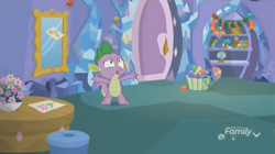 Size: 1348x756 | Tagged: safe, imported from derpibooru, screencap, spike, dragon, best gift ever, bouquet, discovery family logo, door, flower, gem, mirror, shelf, stool, table, twilight's castle, winged spike, wings, worried