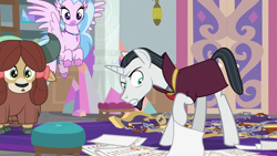 Size: 1280x720 | Tagged: safe, imported from derpibooru, screencap, chancellor neighsay, silverstream, yona, classical hippogriff, hippogriff, pony, unicorn, yak, school raze, clothes, cloven hooves, female, flying, jewelry, male, necklace, paper, searching, stallion