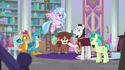 Size: 1280x720 | Tagged: safe, imported from derpibooru, screencap, chancellor neighsay, gallus, ocellus, sandbar, silverstream, smolder, yona, changedling, changeling, classical hippogriff, dragon, earth pony, griffon, hippogriff, pony, unicorn, yak, school raze, clothes, cloven hooves, cutie mark, dragoness, female, flying, male, raised eyebrow, raised hoof, stallion, student six, twilight's office