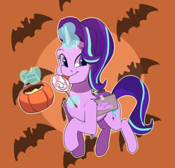 Size: 2200x2100 | Tagged: safe, artist:passigcamel, imported from derpibooru, starlight glimmer, bat, pony, unicorn, candy, clothes, costume, cute, eating, fake wings, female, food, glimmerbetes, glowing horn, halloween, holiday, lollipop, looking at you, magic, mare, mlem, silly, solo, telekinesis, tongue out, trick or treat