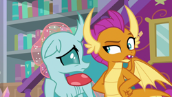 Size: 1280x720 | Tagged: safe, imported from derpibooru, screencap, ocellus, smolder, changedling, changeling, dragon, school raze, book, bookshelf, dragoness, duo, female, floppy ears, hand on hip, raised eyebrow