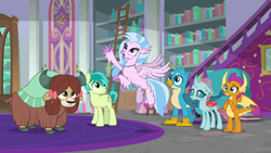 Size: 1280x720 | Tagged: safe, imported from derpibooru, screencap, gallus, ocellus, sandbar, silverstream, smolder, yona, changedling, changeling, classical hippogriff, dragon, earth pony, griffon, hippogriff, pony, yak, school raze, bow, cloven hooves, dragoness, female, flying, hair bow, ladder, male, monkey swings, student six, teenager