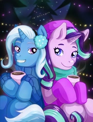 Size: 2395x3127 | Tagged: safe, artist:villaincorner, imported from derpibooru, starlight glimmer, trixie, pony, unicorn, best gift ever, beanie, best friends, chocolate, clothes, coat, earmuffs, female, food, grin, hat, hot chocolate, jacket, mare, mittens, scarf, smiling, winter outfit