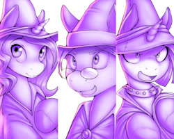 Size: 1014x810 | Tagged: safe, artist:drbdnv, imported from derpibooru, oc, oc only, pony, female, gift art, hat, mare, monochrome, smiling, witch, witch hat