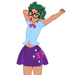 Size: 1700x1800 | Tagged: safe, artist:mashoart, imported from derpibooru, timber spruce, twilight sparkle, equestria girls, belly button, blushing, clothes, clothes swap, crossdressing, dress, glasses, midriff, pleated skirt, simple background, skirt, solo, stretching, transparent background, yawn