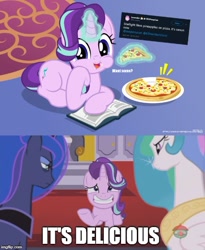 Size: 500x609 | Tagged: safe, artist:jhayarr23, edit, edited screencap, imported from derpibooru, screencap, princess celestia, princess luna, starlight glimmer, alicorn, pony, unicorn, a royal problem, eating, everything is ruined, food, pineapple pizza, pizza, pure unfiltered evil, that pony sure does love pineapple pizza, this will end in a trip to the moon