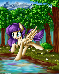 Size: 4000x5000 | Tagged: safe, artist:supermoix, imported from derpibooru, oc, oc only, oc:darya breeze, pegasus, pony, cute, flower, forest, lake, mountain, solo, tongue out, tree