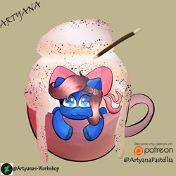 Size: 1024x1024 | Tagged: safe, artist:artyanas-workshop, imported from derpibooru, oc, oc only, pegasus, pony, bow, chibi, commission, cute, deviantart watermark, female, hair bow, looking at you, mare, mug, obtrusive watermark, patreon, patreon logo, solo, watermark