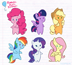 Size: 963x872 | Tagged: safe, artist:egophiliac, imported from derpibooru, applejack, fluttershy, pinkie pie, rainbow dash, rarity, twilight sparkle, alicorn, earth pony, pegasus, pony, unicorn, bipedal, chibi, female, freckles, hooves together, lidded eyes, lined paper, mane six, mare, open mouth, smiling, twilight sparkle (alicorn)