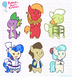 Size: 872x931 | Tagged: safe, artist:egophiliac, imported from derpibooru, big macintosh, coco pommel, doctor whooves, granny smith, sapphire shores, spike, time turner, dragon, earth pony, pony, bipedal, chibi, female, freckles, hat, hooves together, lined paper, male, mare, raised eyebrow, smiling, stallion, top hat, unshorn fetlocks, walker