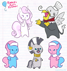 Size: 872x931 | Tagged: safe, artist:egophiliac, imported from derpibooru, aloe, fleur-de-lis, gustave le grande, lotus blossom, zecora, earth pony, griffon, pony, unicorn, zebra, bipedal, chibi, cute, ear piercing, female, fleurabetes, leg rings, lined paper, looking at each other, male, mare, neck rings, open mouth, piercing, raised hoof, smiling, spa twins, spaww twins, zecorable