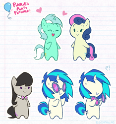 Size: 872x931 | Tagged: safe, artist:egophiliac, imported from derpibooru, bon bon, dj pon-3, lyra heartstrings, octavia melody, sweetie drops, vinyl scratch, earth pony, pony, unicorn, adorabon, bipedal, bowtie, chibi, cute, eyes closed, female, glasses, grabbing, heart, lined paper, lyrabetes, mare, no eyes, open mouth, smiling, tavibetes, text, vinylbetes