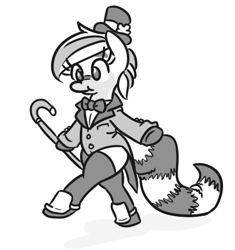 Size: 454x482 | Tagged: safe, artist:jargon scott, imported from derpibooru, oc, oc only, oc:pandy cyoot, pony, red panda pony, :t, bipedal, bowtie, cane, clothes, dapper, female, hat, mare, monochrome, simple background, smiling, solo, spats, top hat, tuxedo, underhoof, walking, white background