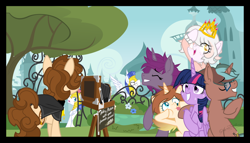 Size: 1200x687 | Tagged: safe, artist:sherathoz, imported from derpibooru, twilight sparkle, oc, oc:mily, alicorn, earth pony, pony, unicorn, angry, camera, canterlot, digital art, female, garden, male, mare, nervous, nervous grin, new crown, open mouth, royal guard, show accurate, smiling, stallion, twilight sparkle (alicorn), vector