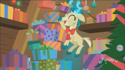 Size: 1354x758 | Tagged: safe, imported from derpibooru, screencap, alice the reindeer, pony, best gift ever, boxes, discovery family logo, female, flying, levitation, magic, oops, present, solo, telekinesis