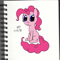 Size: 2000x2000 | Tagged: safe, artist:deluxeflame, imported from derpibooru, pinkie pie, pony, digitally colored, female, looking at you, missing cutie mark, sitting, solo, traditional art