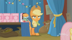 Size: 1348x754 | Tagged: safe, imported from derpibooru, screencap, applejack, fluttershy, holly the hearths warmer doll, best gift ever, discovery family logo, unamused