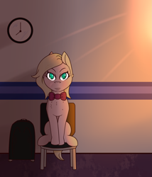 Size: 1711x1995 | Tagged: safe, alternate version, artist:lazerblues, imported from derpibooru, oc, oc only, oc:connie amore, pony, bag, bowtie, chair, clock, solo