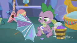 Size: 1350x752 | Tagged: safe, imported from derpibooru, screencap, spike, dragon, best gift ever, arts and crafts, ball, bucket, discovery family logo, glitter, globe, glue, guitar, jar, male, solo, umbrella, winged spike, wings