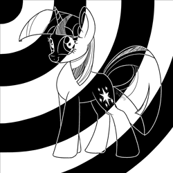 Size: 2000x2000 | Tagged: safe, artist:binkyt11, derpibooru exclusive, imported from derpibooru, twilight sparkle, pony, unicorn, black and white, bullseye, cardboard twilight, daredevil, eyestrain warning, female, grayscale, mare, monochrome, solo, swirl, unicorn twilight