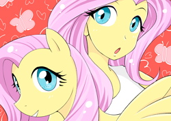 Size: 4093x2894 | Tagged: safe, artist:bonoramo, imported from derpibooru, fluttershy, human, pegasus, pony, equestria girls, clothes, female, looking at you, mare, self ponidox, shirt