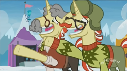 Size: 1348x758 | Tagged: safe, imported from derpibooru, screencap, flam, flim, pony, unicorn, best gift ever, clothes, discovery family logo, disguise, duo, fake moustache, fake smile, flim flam brothers, glasses, grin, male, nervous, nervous grin, paper-thin disguise, raised hoof, smiling, stallion, sweater, wig