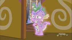 Size: 1354x756 | Tagged: safe, imported from derpibooru, screencap, spike, dragon, best gift ever, discovery family logo, door, glitter, glow, glowing, male, nervous, solo, winged spike, wings