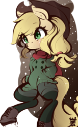 Size: 532x868 | Tagged: safe, artist:tohupo, imported from derpibooru, applejack, earth pony, pony, bipedal, boots, clothes, coat, cowboy hat, female, hat, leggings, mare, scarf, shoes, snow, snowfall, solo