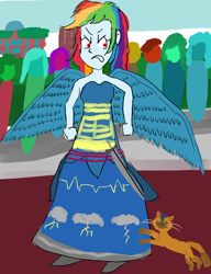 Size: 552x719 | Tagged: safe, artist:horsesplease, imported from derpibooru, capper dapperpaws, rainbow dash, cat, equestria girls, my little pony: the movie, angel, angry, annoyed, clothes, dress, paint tool sai, rainbow dash always dresses in style, sword, weapon, wings