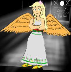 Size: 695x707 | Tagged: safe, artist:horsesplease, imported from derpibooru, applejack, pony, equestria girls, angel, apple flower, applejack also dresses in style, applejacked, audience, blonde, clothes, crossed arms, dress, female, flower, flower in hair, hatless, human ponidox, missing accessory, muscles, paint tool sai, self ponidox, shoes, solo, stage, sword, unamused, weapon, wings