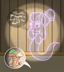 Size: 1500x1700 | Tagged: safe, artist:heir-of-rick, imported from derpibooru, applejack, oc, oc:great-granny apple, earth pony, ghost, ghost pony, pony, applejack is not amused, dialogue, duo, female, flashlight (object), hat, hidden cane, hoof hold, mare, nightcap, smiling, speech bubble, unamused