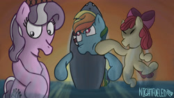 Size: 3840x2160 | Tagged: safe, artist:nightfueled, imported from derpibooru, apple bloom, diamond tiara, rainbow dash, abuse, dashabuse, fail, ocean, prank, prank fail, punch, shark costume