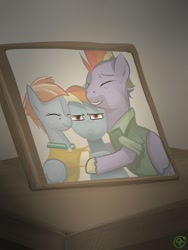 Size: 1200x1600 | Tagged: safe, artist:hamanaki, imported from derpibooru, bow hothoof, rainbow dash, windy whistles, pegasus, pony, eyes closed, family, fathers gonna father, female, happy, mare, mothers gonna mother, parents gonna parent, photo, rainbow dash is not amused, unamused, wholesome