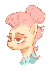 Size: 648x900 | Tagged: safe, artist:hamanaki, imported from derpibooru, fluttershy, pony, fake it 'til you make it, alternate hairstyle, bust, clothes, female, mare, severeshy, simple background, smiling, solo, white background