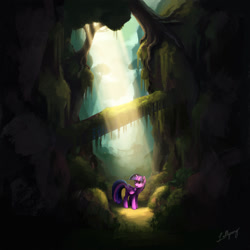 Size: 1500x1500 | Tagged: safe, artist:lollipony, imported from derpibooru, twilight sparkle, twilight sparkle (alicorn), alicorn, pony, crepuscular rays, female, forest, mare, ravine, scenery, scenery porn, solo, sunlight, tree
