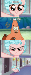 Size: 600x1453 | Tagged: safe, edit, edited screencap, imported from derpibooru, screencap, cozy glow, pegasus, pony, school raze, chocolate with nuts, comic, cozy glow is not amused, cozybetes, cute, female, filly, foal, i love you, patrick star, screencap comic, spongebob squarepants