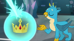 Size: 1280x720 | Tagged: safe, imported from derpibooru, screencap, gallus, griffon, school raze, crown, crown of grover, cute, eyes closed, gallabetes, griffon teeth, grin, jewelry, male, regalia, smiling, solo, teeth